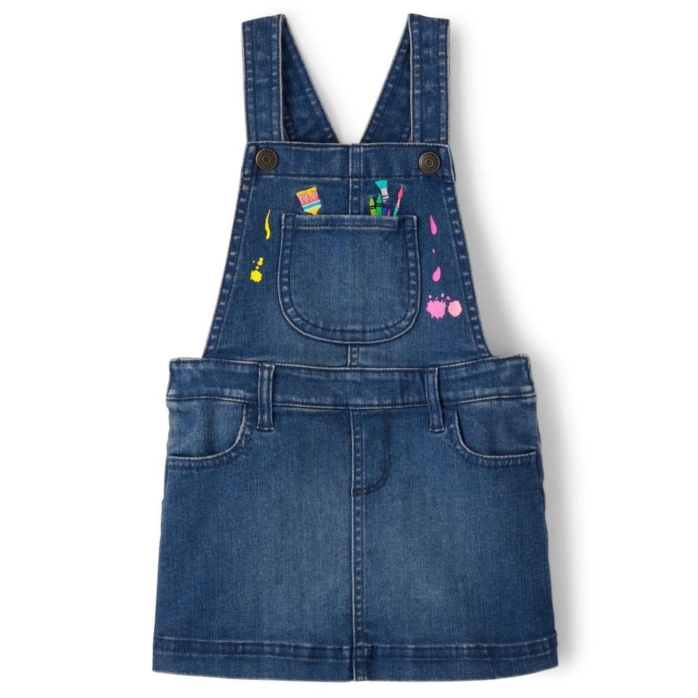 Gymboree Girls Future Artist Embroidered Blue Denim Overalls Dress Size 10